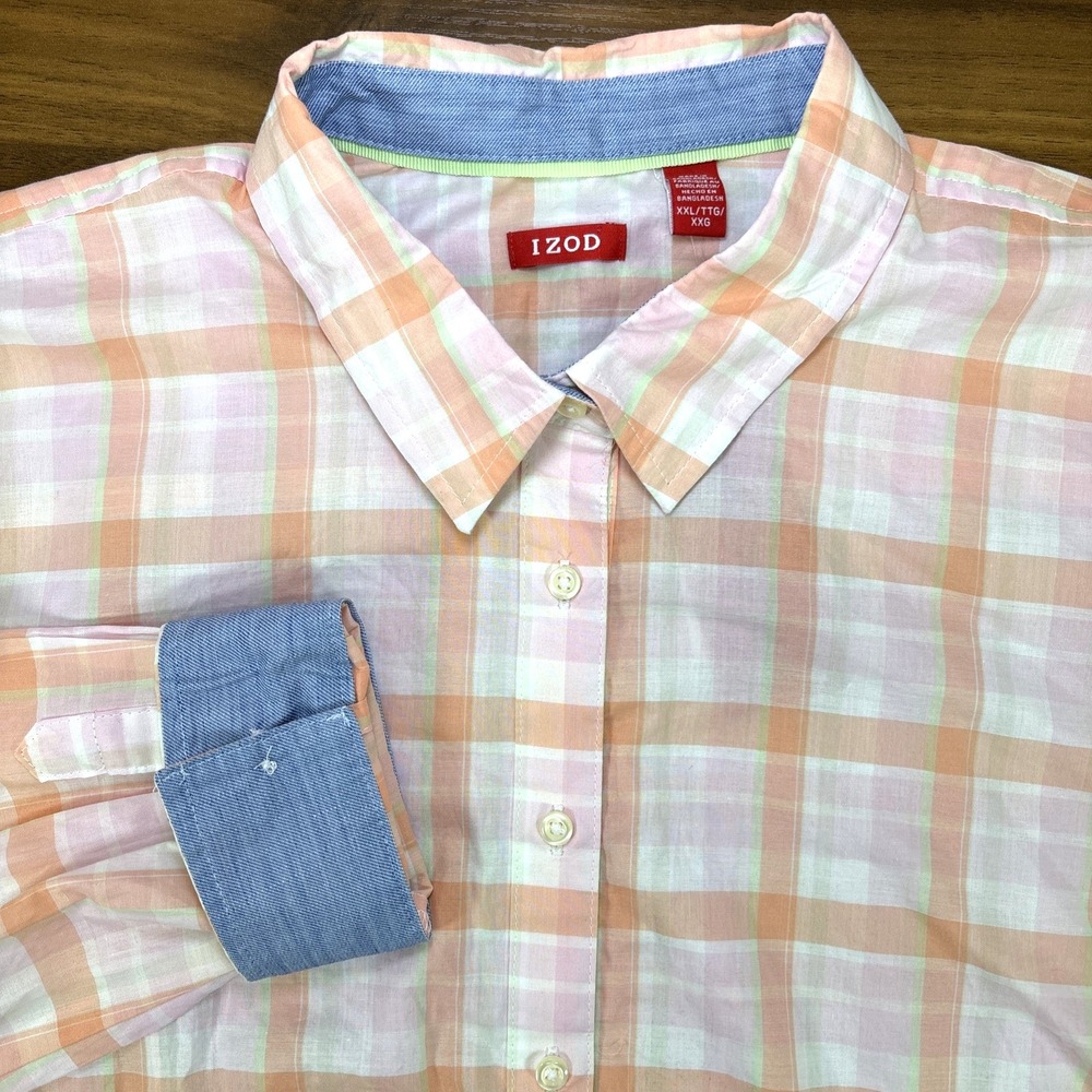 IZOD Orange Pink Pastel Lightweight 100% Cotton Roll‎ Tab Button Dn Shirt Sz XXL